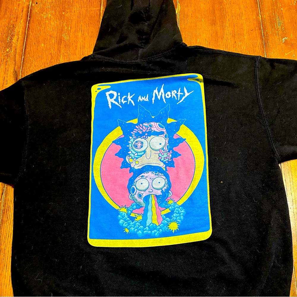 Rick And Morty Adult Swim Black Sweatshirt‎ Fleece Hoodie . Missing neck string.